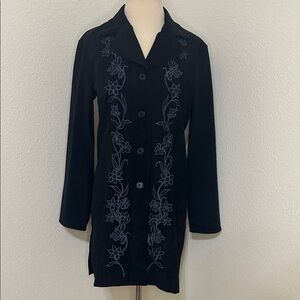 Susan Graver Black Trench Coat with Floral Design